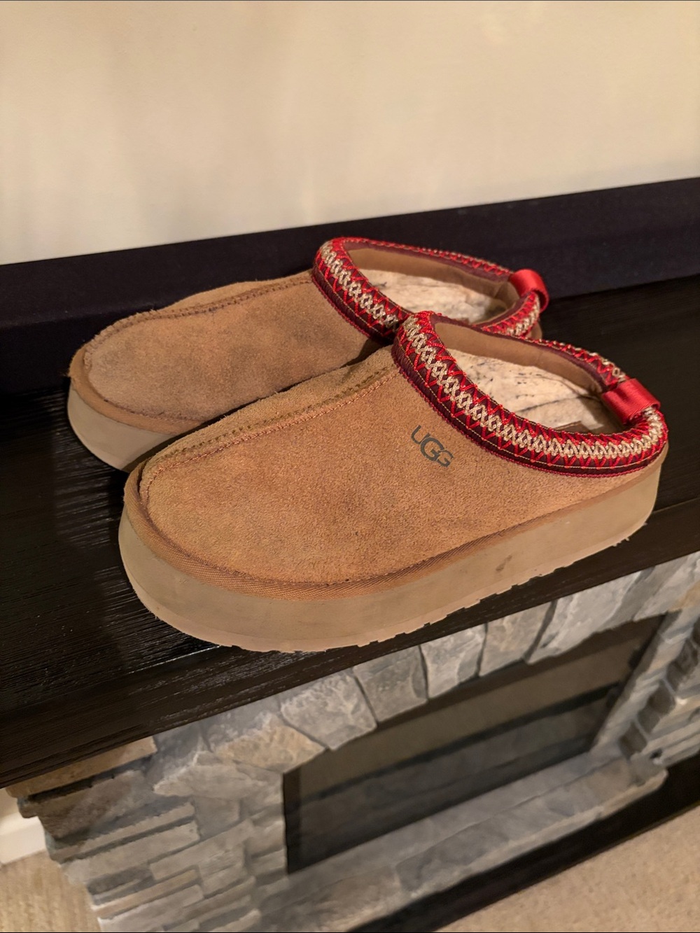 UGG Tasman Chestnut Suede Slip-On Shoes with Red Trim